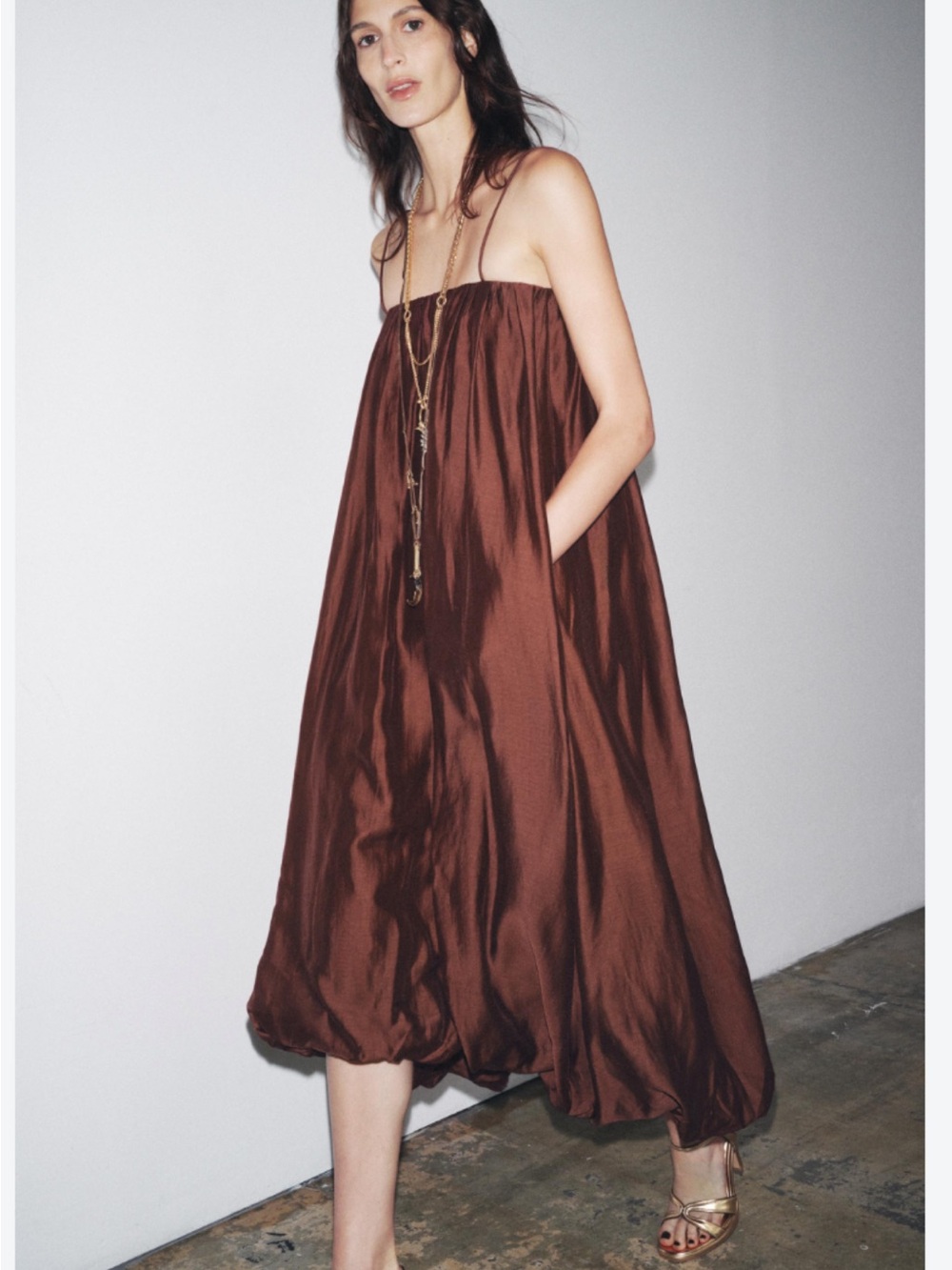Zara Strapless Chocolate Brown Balloon-Hem Midi Dress